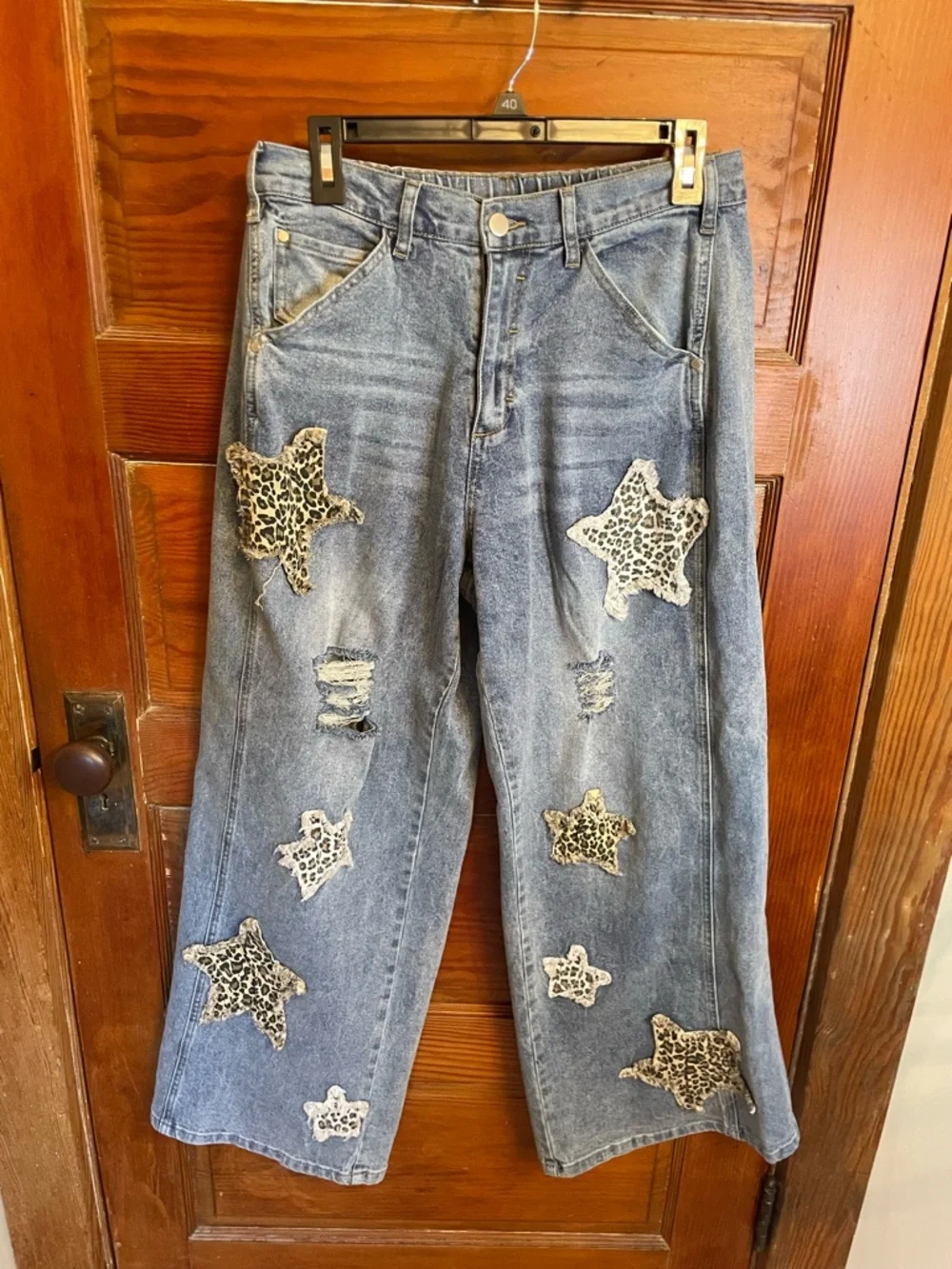Blue Velvet Relaxed Fit Denim Jeans, Leopard Star Patches, Light Denim, Large - Picture 2 of 7